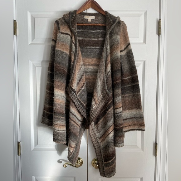 Michael Kors Sweaters - Michael Kors Open-Front Hooded Cardigan Sweater Brown Tan Cream Earth Tones S